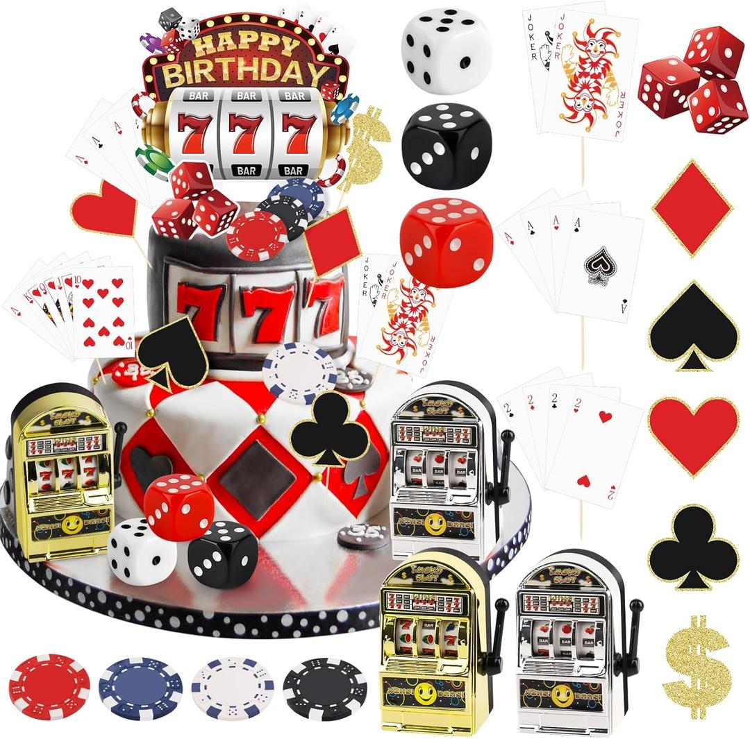 Hooqict 24 Pieces Casino Cake Decorations Set with Mini Toy Slot Machine Poker Casino Cake Toppers & Cupcake Toppers for Las Vegas Casino Night Theme Birthday Party Decorations