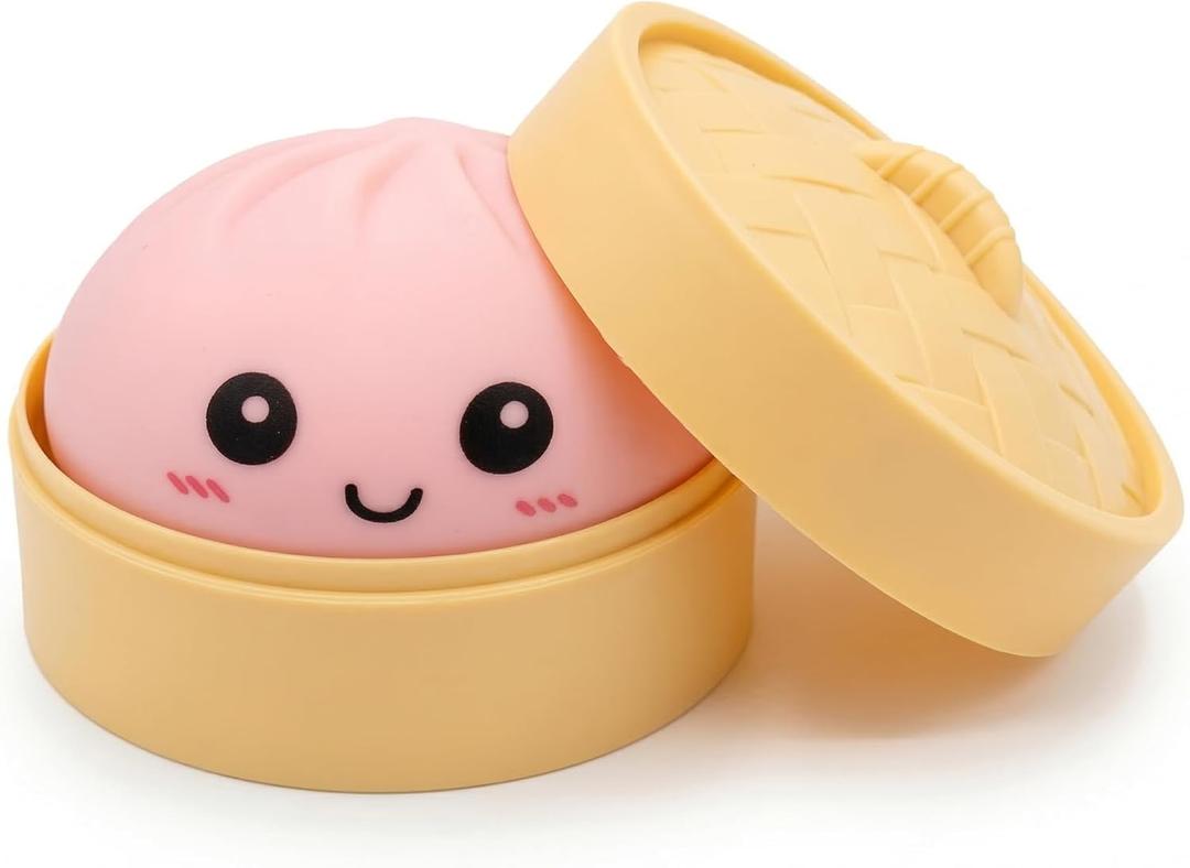 Pink Dumpling Squishies with Box,New Mystery Squishys Dumplings Stress Relief Balls Fidget Sensory Toy,Bao Bun with Food Steamer Stretchy Desk Squeeze Toys