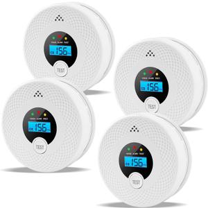 4 Pack Smoke and Carbon Monoxide Detector with Test Button, 85dB Loud Beep, LCD Display, Battery-Operated Smoke Detector Carbon Monoxide Detector Combo for House, Apartment, Kitchen, Garage Use
