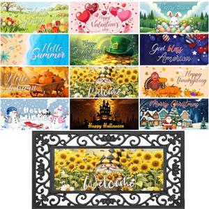 12PCS Interchangeable Doormat Inserts Seasonal Welcome Mats 22" x 10" Outdoor Indoor Door Mat Set for Spring Summer Fall Winter, Holiday Decor for Front Door, Christmas Halloween Thanksgiving