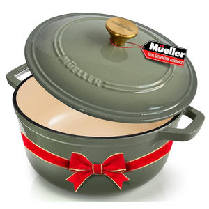 MUELLER HOME 6 Quart Enameled Cast Iron Pot Dutch Oven, Heavy-Duty, Oven-Safe up to 500° F & Across All Cooktops, Bread Pan with Lid & Knob, Cast Iron Cookware, Blue Kitchen Accessories, Thyme Green