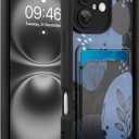 MOWIME Compatible with iPhone 16 Plus Case with Card Holder, Floral Flower Shockproof Soft TPU Protective Cover Women Girls, Anti Scratch Wallet Case for iPhone 16 Plus 6.7 Inch, Black