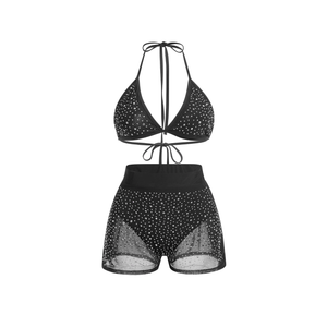 Women Sparkle Rhinestone Mesh Sheer Bikini Sets Halter Bra Top High Waist Shorts Bottom Swimsuits Rave Outfit, Small