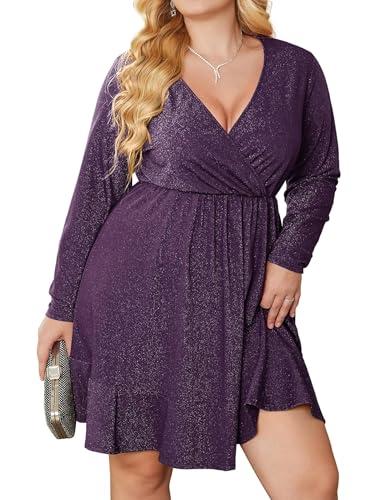 Zeagoo Women's Plus Size V Neck Long Sleeve Midi Party Dress Lady Strench Club Dress Purple, 16Plus