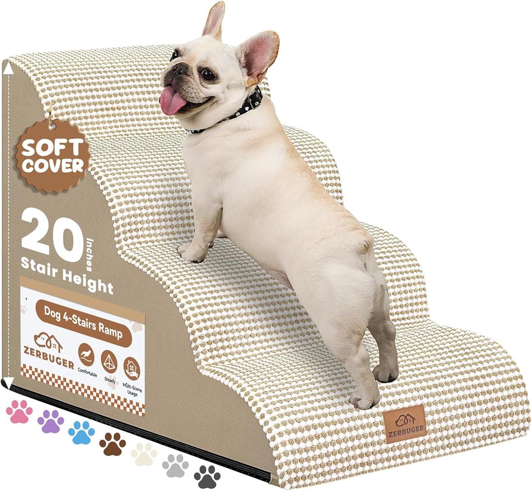 Dog Ramp and Stair for Bed 16" H-20 H,3-Step Cat Stair for Sofa and Chair,4-Step Dog Ramp for High Bed and Window,Durable Nonslip Fabric Cover for Indoor (Beige-20 H, Pet Friendly, 4)