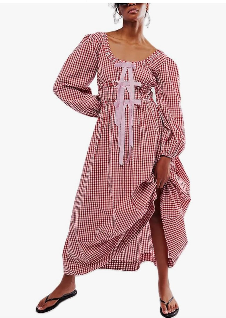 Women Cute Gingham Maxi Dress Vintage Plaid Bow Puff Sleeve Flowy Dress Checkered Square Neck Smocked Long Dresses, Pink, L