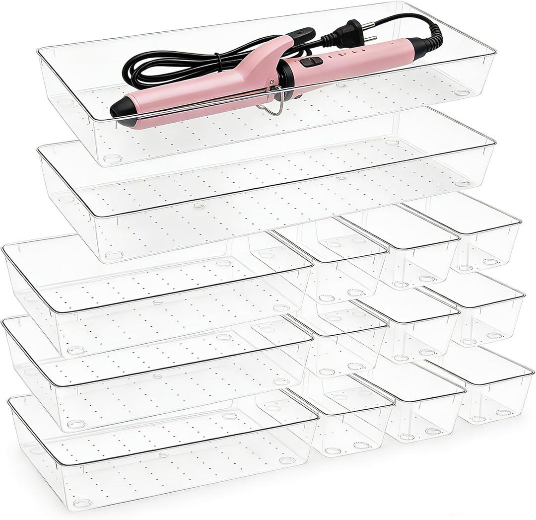 14 Pcs Clear Plastic Drawer Organizer Tray with 2 Pcs 15"x6" Extra Large Trays, Multi-Purpose Storage Bins for Vanity, Makeup, Kitchen Utensils, Bathroom, Office Desk, Auto Tools & Craft Supplies (2 Pack 156", 3 Pack 96", 9 Pack 36")