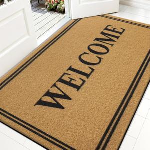 OLANLY Front Door Mat, Low Profile Doormat, Stain and Fade Resistant, Easy to Clean, for Indoor and Outdoor Entrances, Patio Porch or Entryway, Brown (35x23 Inch, Welcome)
