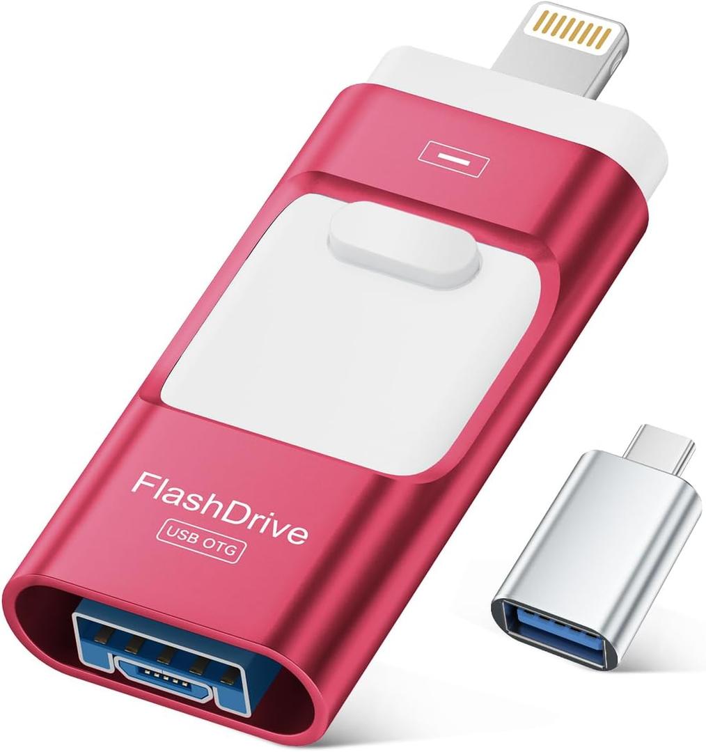 ROSPE MFi Certified 256GB iPhone Flash Drive, Photo Stick Memory Stick for iPhone iPad, USB Thumb Drive for Photos Videos Transfer & Backup, External Storage Compatible for iPhone/Android/PC/Mac (Red)