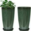 Neoaider Set of 2 Lightweight Ceramic-Look Tall Planter, 21 inch Large Plastic Planter with Drain Hole & Saucers, Large Outdoor Planters for Porch, Garden, Patio, Balcony(Dark Green)