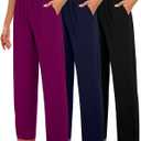 Huukeay 3 Pack Women's Lounge Pants, Cozy Wide Leg Lounge Slacks with Pockets Loose Flowy Yoga Sweatpant Workout Comfy Jogger (XX-Large, Black, Navy Blue, Magenta)