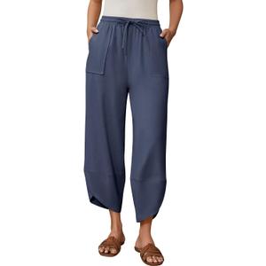 Linen Barrel Pants for Women Wide Leg Harem Palazzo Baggy Trousers | Drawstring Elastic Waist, Summer, Beach, Vacation, with Pockets (Blue, M)