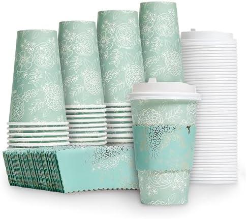 Papyrus Hot Cups with Lids and Sleeves - Paper Cups for Hot Beverages, 48-Count, 16 fl oz, Mint Floral Print