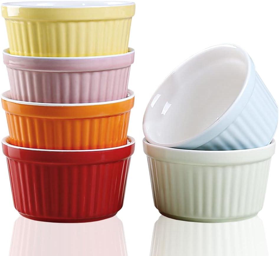 Ramekins 6oz Oven Safe,Creme Brulee Ramekin and Souffle Dishes,Porcelain Baking Bowls,Dipping Sauce Dish.Pudding Cups,Set of 6,Colorful.