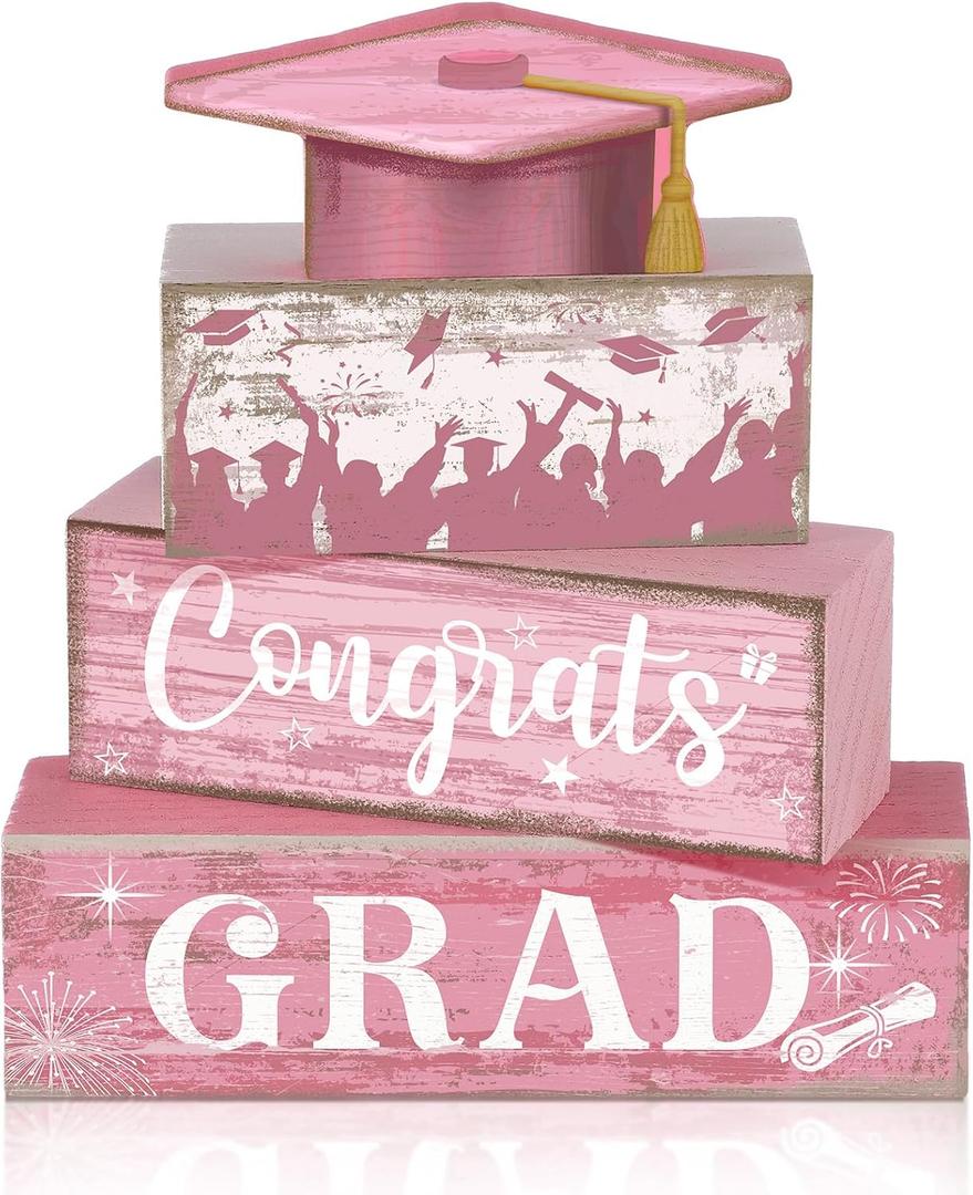 CroBlissful 4 Pcs Pink Graduation Table Decorations 2026 Graduation Tiered Tray Decorations Congrats Class of 2026 Wooden Block Centerpiece Sign Farmhouse Congratulate Gifts for Home Shelf Office