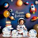 JOYHAPISTAR 120 PCS First Trip Around the Sun 1st Birthday Party Supplies for Boy, Outer Space Party Paper Plates Napkins Forks Tableware Birthday Party Decorations Serve 24 guest