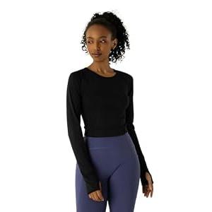 Women's Long-Sleeve Crop Top - Open Back Tie, Thumbholes Moisture-Wicking Quick-Dry for Yoga, Fitness & Workout Black,  XS