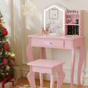 Garvee Kids Vanity with Lighted Mirror, Little Girl Vanity and Stool, Toddler Makeup Table Set and Makeup Playset for 3-8 Girls, Pink