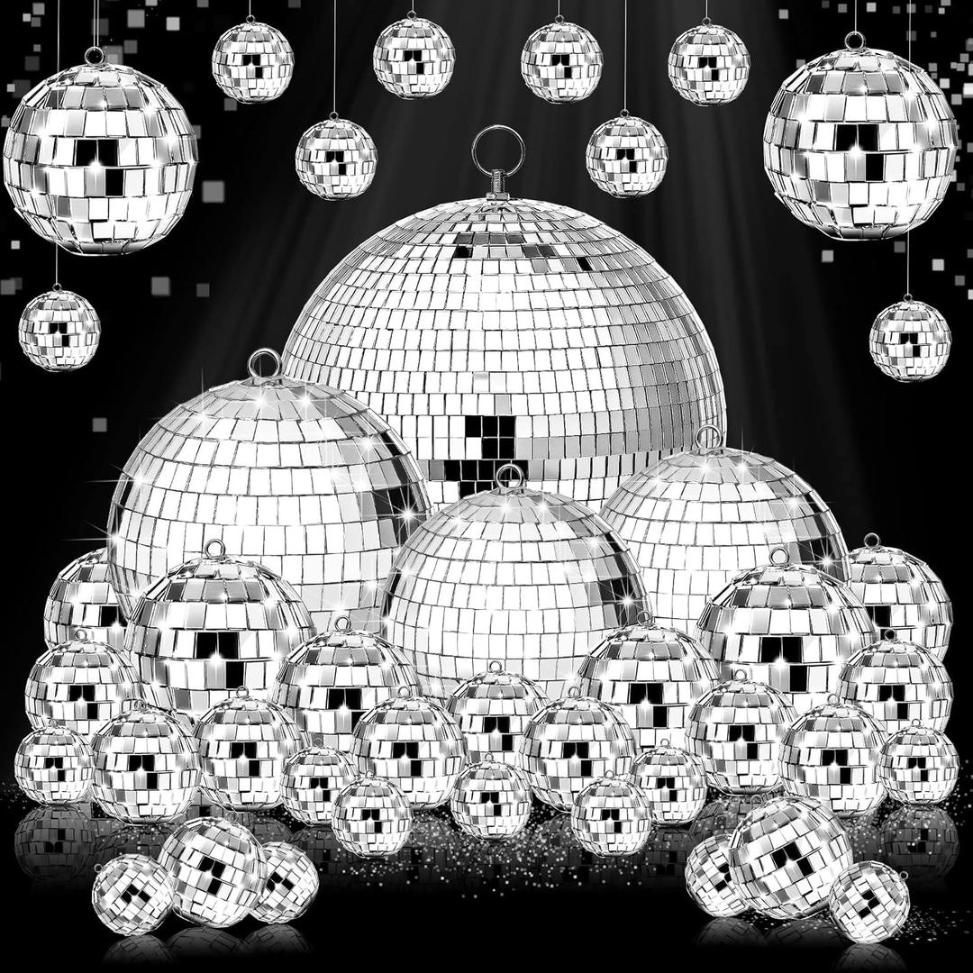 Hoolerry 65 Pcs Disco Balls Reflective Hanging Disco Ball Decorations Assorted Silver Ball for 70s Wedding Dance Music Ballroom Hall Props Club Stage Backdrop Props(12/6/ 4/3.2/2/ 1.2 in)