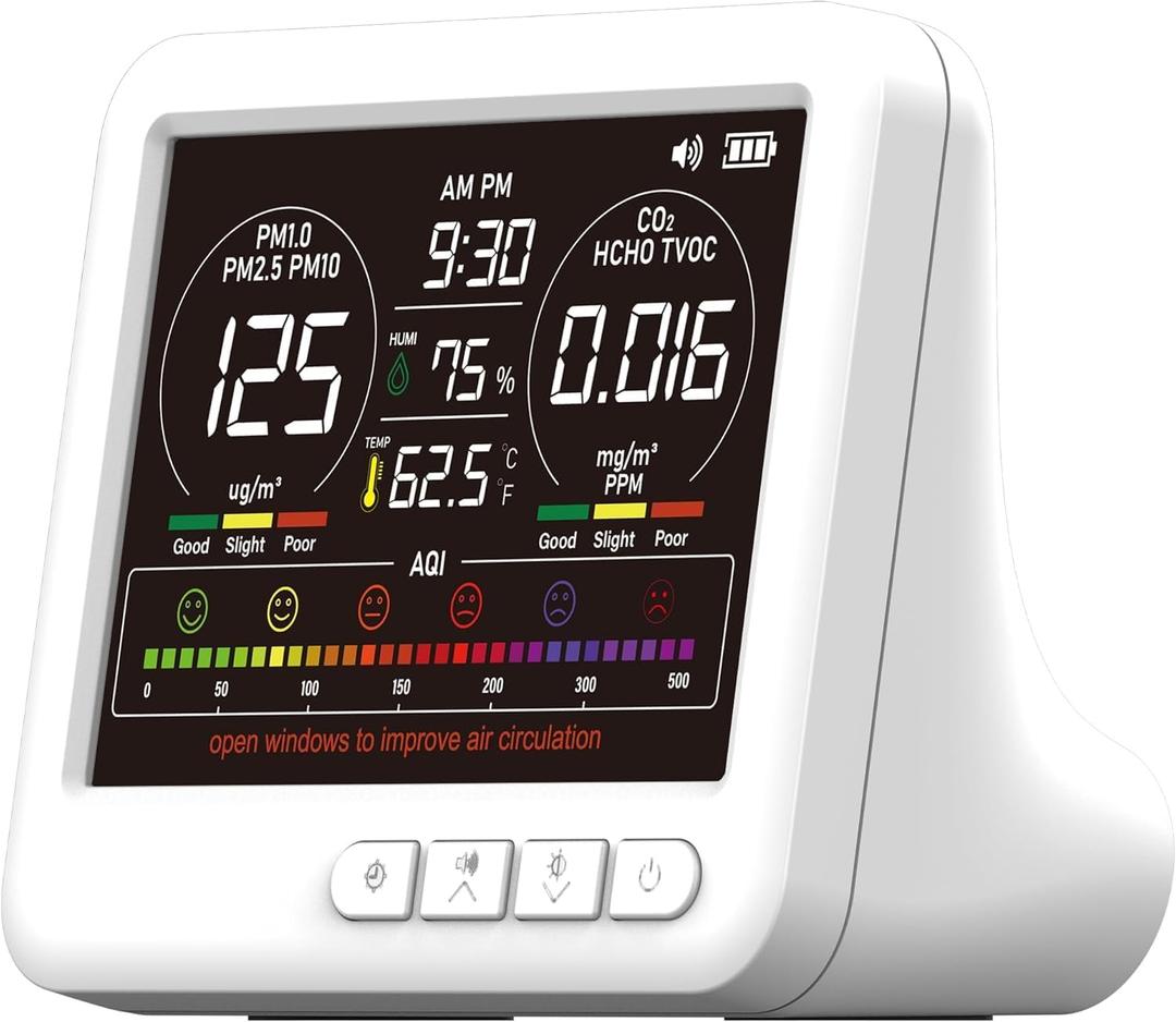 Professional 16-in-1 Indoor Air Quality Monitor with AQI Reminder, CO2 Monitor Air Quality Tester for CO2, TVOC, PM2.5 PM1.0 PM10, HCHO Temperature Humidity AQI & Time Air Quality Meter for Home
