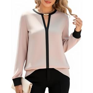 SOFIA'S CHOICE Women's Business Casual Long Sleeve Dressy Blouse Work Tops Corporate Outfits Shirts Khaki and Black Medium (M)