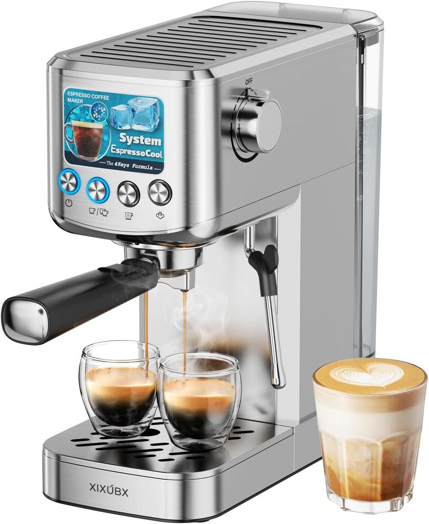 XIXUBX Espresso Machine 20 Bar with Milk Frother, Stainless Steel Coffee Maker with 42 oz Removable Water Tank for Cappuccino, Latte&Cold Brew, Home&Office, Silver
