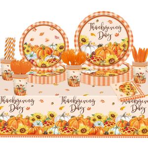 High-end Maple Leaf Pumpkin Tableware Set for Fall Thanksgiving Party Supplies - 161 Pcs Thanksgiving Harvest Disposable Dinnerware Sets of Dessert Plates Cups Napkins Knives Spoons Forks Tablecloth (Orange 2)
