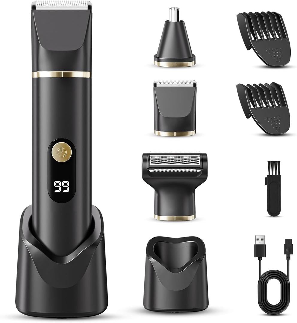 Beard Trimmer for Men, IPX7 Waterproof Body Hair Trimmer Electric Razor Shaver Body Grooming Kit Wet/Dry Use for Groin, Nose, Ear Hairs, Beard, Legs, Chest (Black)