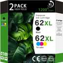 62XL High Yield Ink Cartridges Combo Pack (1 Black/1 Tri-Color 2-Pack) Compatible for HP 62XL 62 Replacement for HP Envy 5540 5640 5660 7644 OfficeJet 5740 5741 8040 200 250 Series Printers