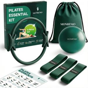 Pilates Home Workout Kit 7pc Pilates Set for Women with Toning Ring (Magic Circle), Mini Ball & Resistance Bands. Full Mat Pilates Equipment for Yoga, Core & Stretching at Home
