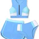 Girls Swimsuit 3 Piece Color Block Zipper Front Bathing Suit Bikini Set with Shorts Sporty Girls' Swimwear 7-16 Years