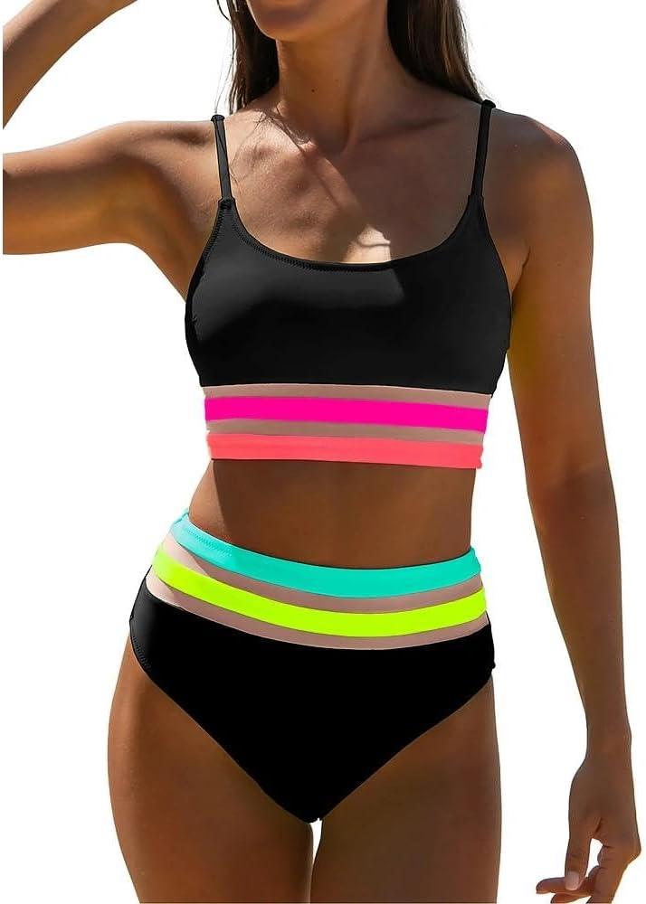 popvil Women's High Waisted Bikini Sets Neon Modest Two Piece Swimsuit 2026 Full Coverage Adjustable Straps Bathing Suit (Large, Black)
