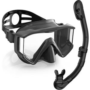 Greatever Snorkel Set Pano 3 Window Snorkel Mask Adult, Panoramic Wide View, Anti-Fog Scuba Diving Mask, Anti-Leak Snorkel Goggles Dry Top Snorkel, Professional Snorkeling Gear for Adults