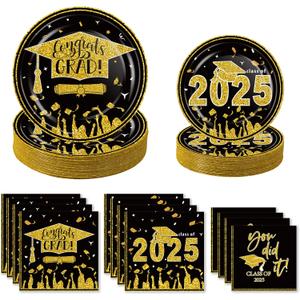kockuu Graduation Party Plates and Napkins Blue and Gold 2025 Graduation Party Disposable Paper Plates and Napkins for for Class of 2025 Congrats Grad Party Decorations Supplies, Serves 50