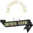 Birthday Baddie Sash and Crown Tiara for Women Girls - Black Glitter with Gold Foil Birthday Girl Sash and Rhinestone Headband Funny Party Favor Decorations