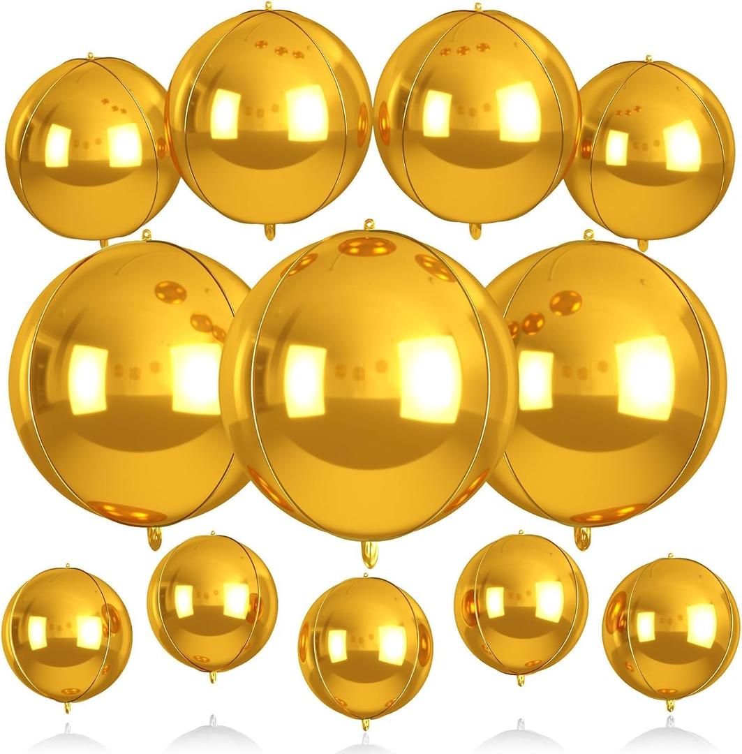 2 x Gold Round Balloons, 12Pcs Metallic Gold Foil for Graduation Prom Wedding, 22" x3, 18" x2, 15" x2, 10" x5