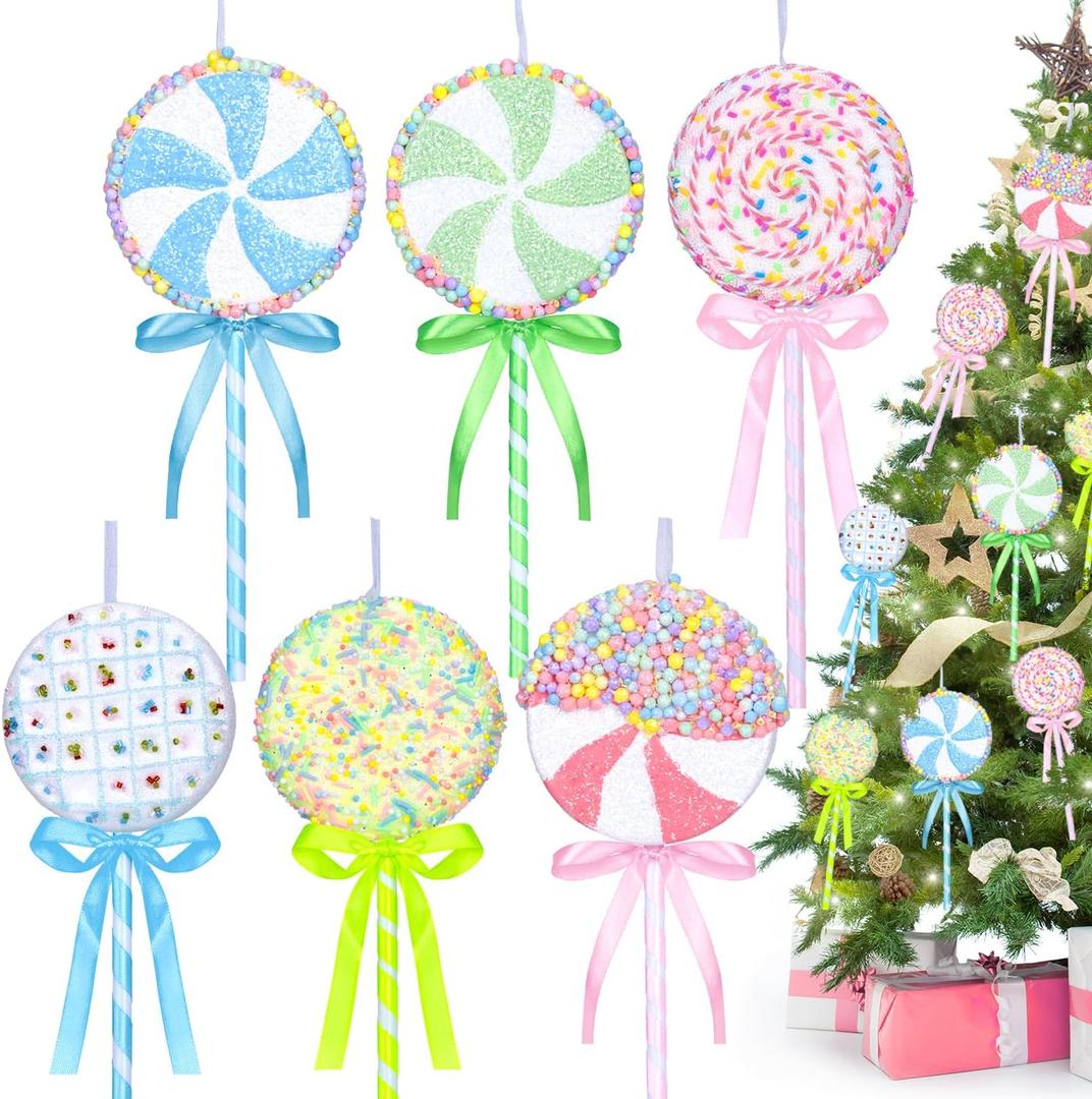 6 Pcs Pastel Lollipop Candy Land Christmas Ornaments Set, Assorted Cute Macaron Color Flat Lollipop Dessert Hanging Pendant Decorations for Xmas Tree, Kids Birthday Party, Home Holiday Decor Supplies