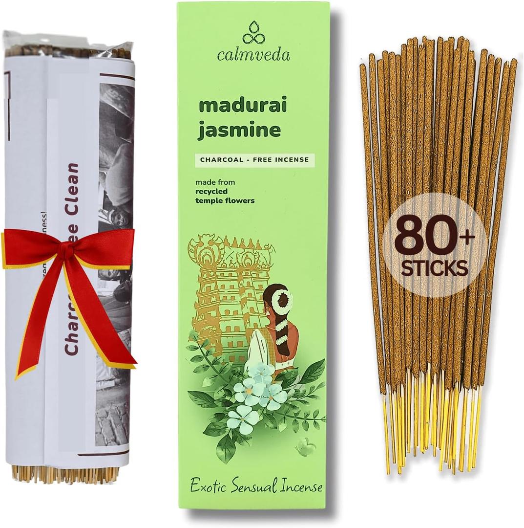 Madurai Jasmine Incense Sticks Exotic - Sensual Aroma (80 Sticks) Charcoal Free Incense, Made from Upcycled Flowers | Rich Decadent from Green, Fruity Yet Creamy Floral | Kama or Love Incense Sticks