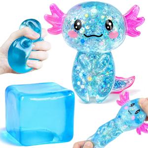 2Pack Taba Squishy Fidget Toys Bulk,Blue Stress Cube&Axolotl Squishy,Sugar Sensory Toys Squeeze Toy for Anxiety Relief for Classroom Prizes, Birthday Gifts Party Favors