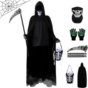 Halloween Grim Reaper Costumes Scary Adults Black Hooded Cloak Scythe Skull Mask Skeleton Gloves Candy Bags (Adult X-Large)
