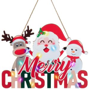 Merry Christmas Front Door Hanging Sign with Light Christmas Decorations Santa Reindeer & Snowman Indoor & Outdoor Holiday Xmas Wall Decor for Garage Home Office