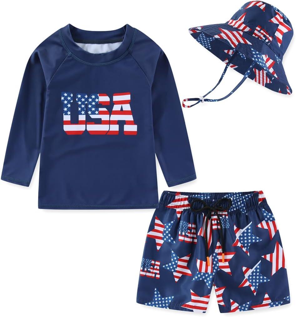 Toddlers Baby Boys' 3-Piece Rashguard Set Kids Bathing Suit Set with Hat UPF 50+ (6-9 Months, Usa Flag)