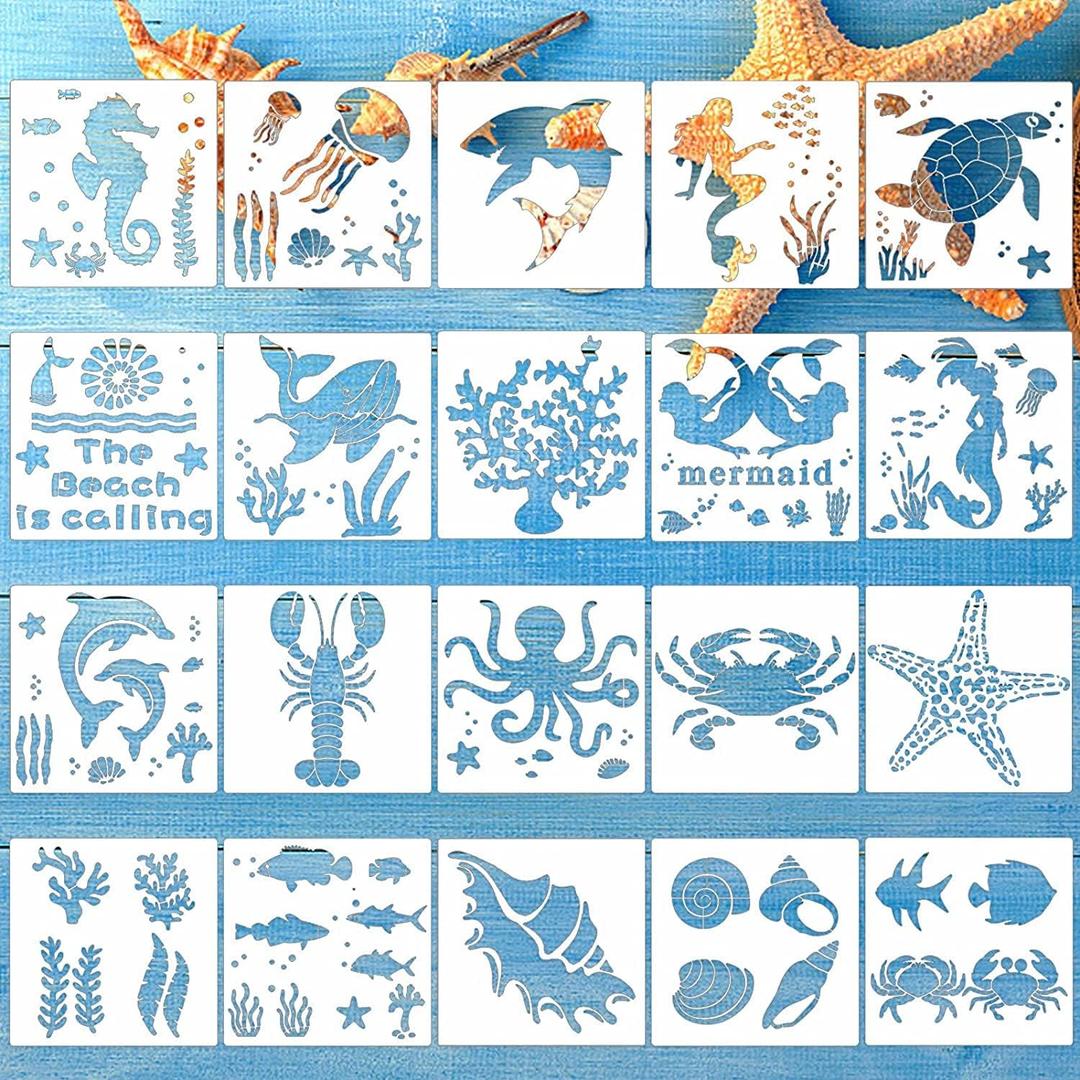 3 x YEAJON 20 Pieces Sea Ocean Creatures Stencils Reusable Sea Animal Stencil for Painting on Wood, Wall, Fabric, Signs, Home Decor, Pillows, DIY Art Scrapbook Projects(6 x 6 inch)