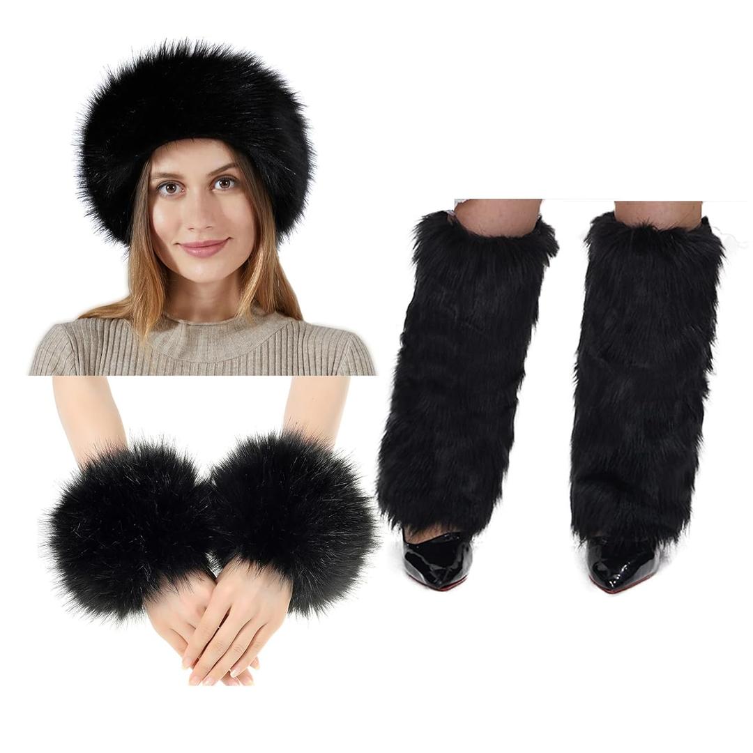 5 Pieces Faux Fur Headband Arm Cuffs Leg Warmers Ear Furry Warmers for Cold Weather Furry Costumes (Black)