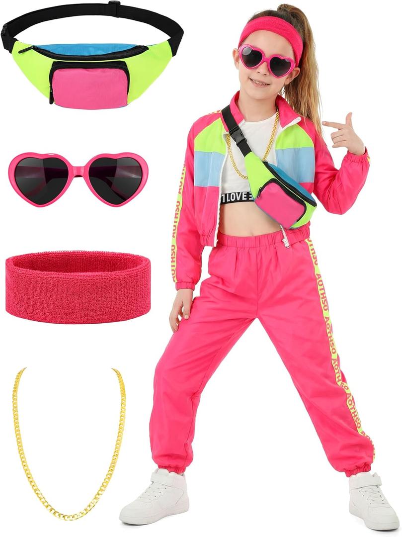 AOTHSO 7 Pcs Kids Hip Hop dance Costume for Girl 80s 90s Tracksuit Outfit Modern Jazz Team Performance Set Cosplay Party (9-10 Years, Hot Pink)