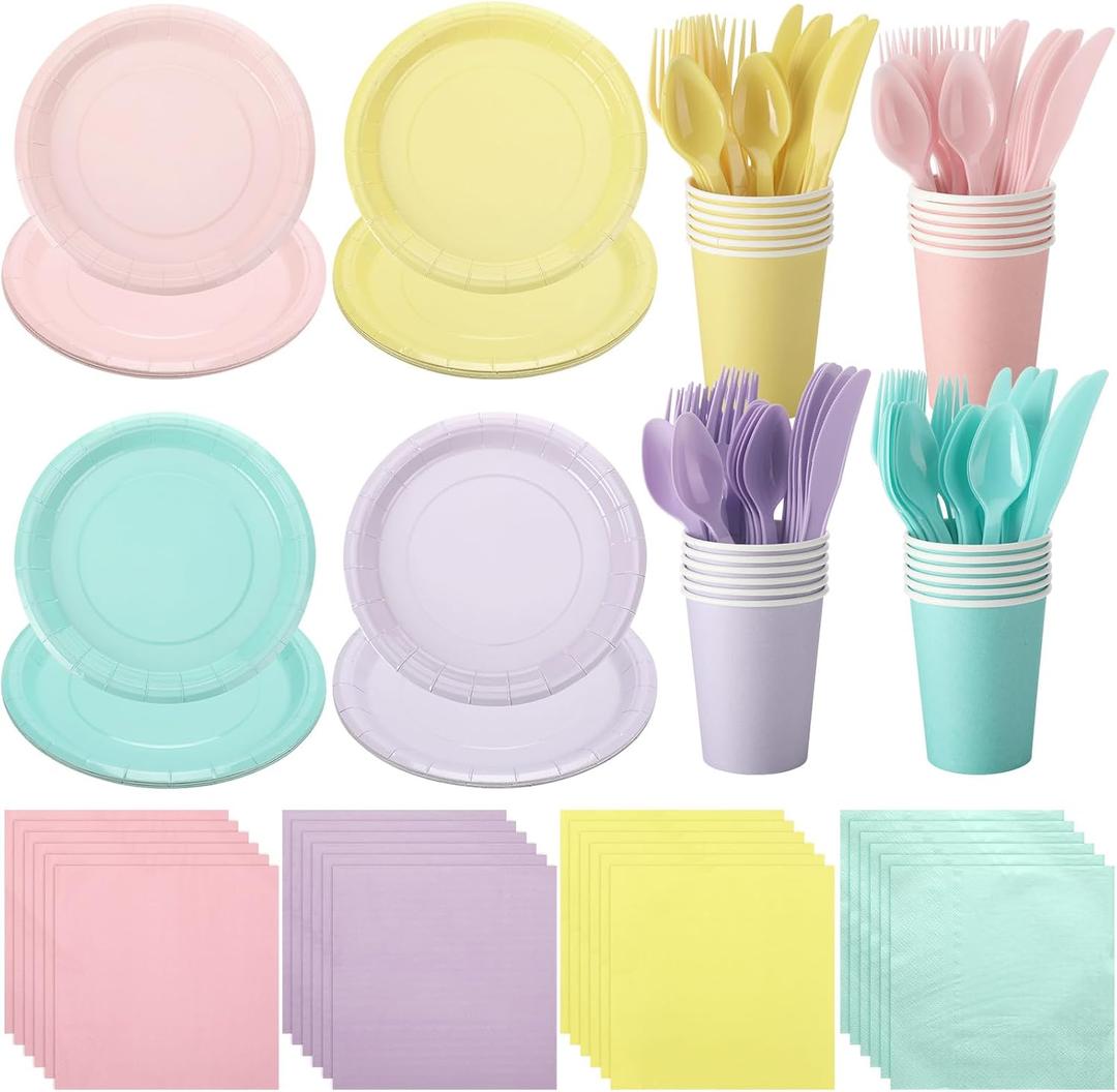 Mifoci 96 Pcs Pastel Disposable Dinnerware Set Include Pastel Paper Plates Cups Napkins Plastic Knives Forks Spoons Macaron Color Party Supplies for Birthday Decoration Wedding Baby Shower, 4 Colors