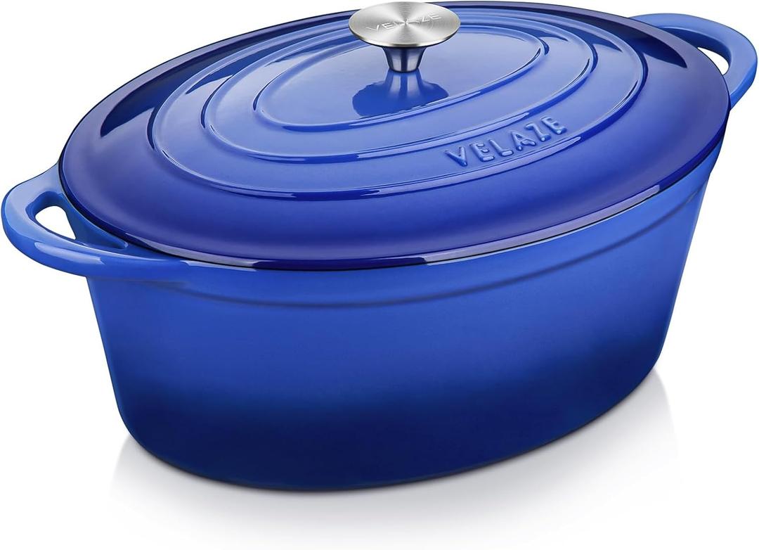 Velaze 7.5 QT Enameled Oval Dutch Oven Pot with Lid, Cast Iron Dutch Oven with Dual Handles for Bread Baking, Cooking, Frying, Non-stick Enamel Coated CookwareBlue)
