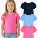 3 Pack Toddler Girl Shirts: Short Puff Sleeve Cotton T-Shirts Round Neck Heart Tops Summer Tee Size 4T only pink n blue