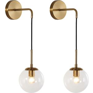 KCO Modern Glass Globe Wall Sconce Set of Two Minimalist Gold Wall Light Fixture with Adjustable Cord Brass Round Glass Wall Mounted Reading Lamp (Clear-2PC)