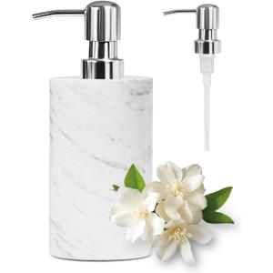 Marble Soap Dispenser with Stainless Steel Pump, White Hand Liquid Soap Dispenser, 6 Ounces for Bathroom (Cylindrical)